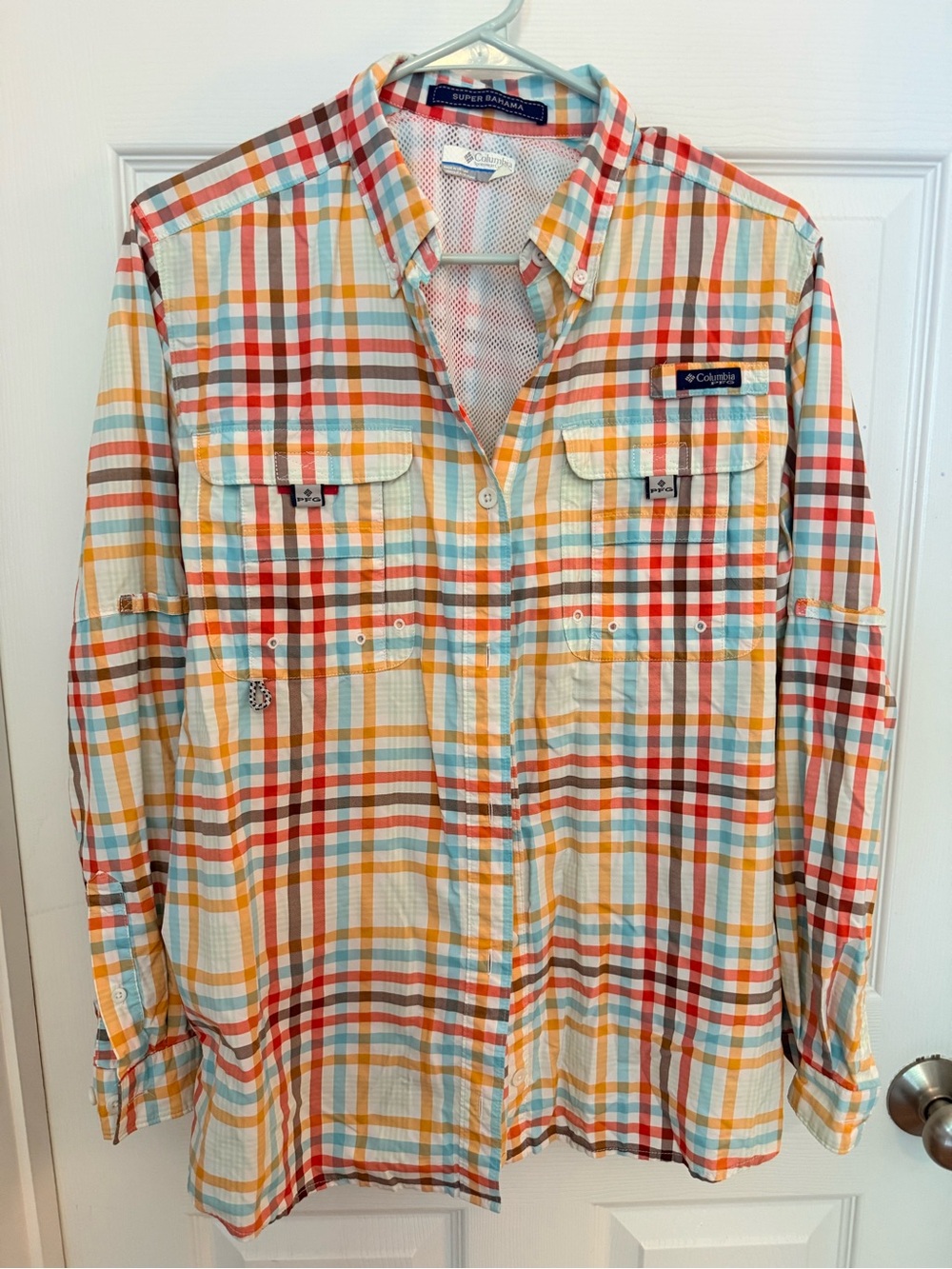 Columbia Men's Plaid Button-Down Shirt - Red, Orange, Blue, Cream